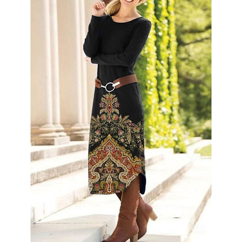 Women's Maxi Dress Sheath Dress Shift Dress Party Casual Boho Party Wedding Guest Daily Regular Fit Floral Graphic Paisley Long Sleeve Crew Neck Black Brown Green Spring Fall Winter Autumn