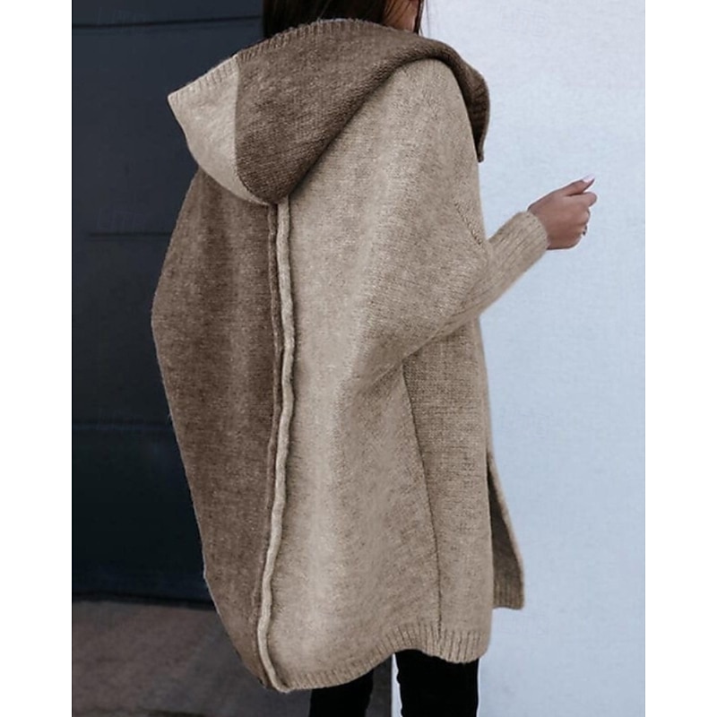 Women's Sweater Cardigan Streetwear Casual Color Block Hooded Patchwork Knitted Long Sleeve Long Tops Knit Daily Holiday Going out White / Black Black Fall Winter3