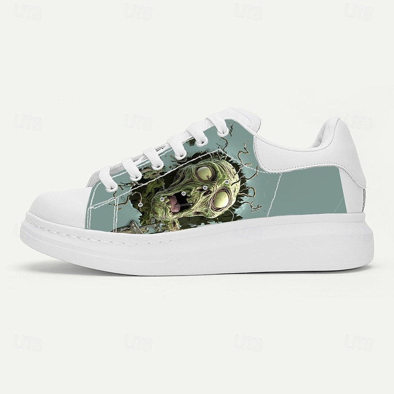 Men's White Skull Print Sneakers Casual Lace-Up Low Top Fashion Shoes for Halloween Parties, Streetwear Outfits and Everyday Walking Comfort4