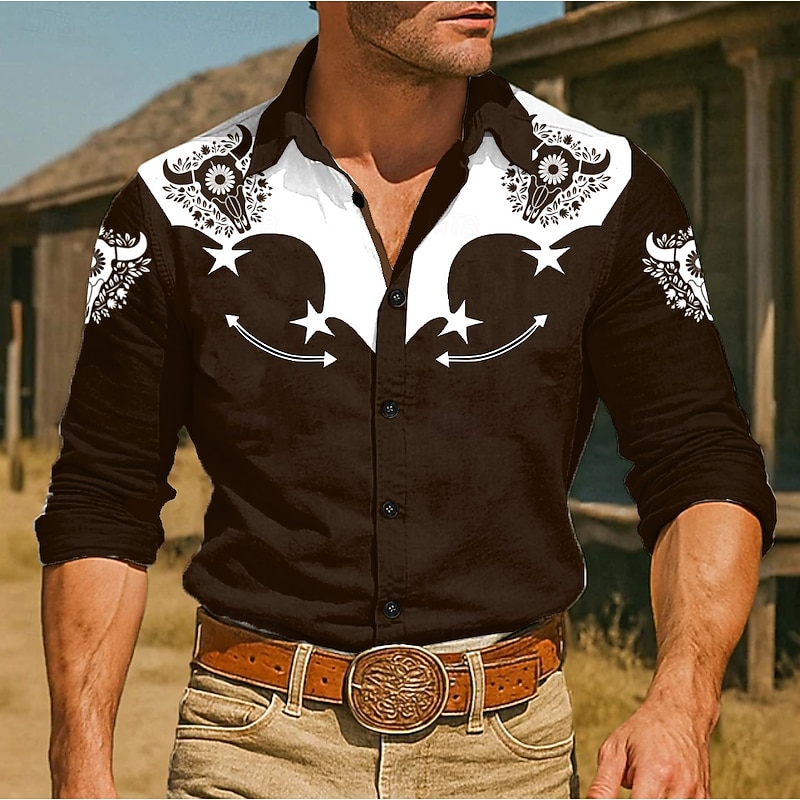 Men's Floral Print Cow Print Flowers Shirt Western Shirt Cowboy Shirt Long Sleeve Vintage Retro Outdoor Vacation Spring Fall Turndown 3D Print Linen Like Shirt Black Burgundy Brown Dark Blue4