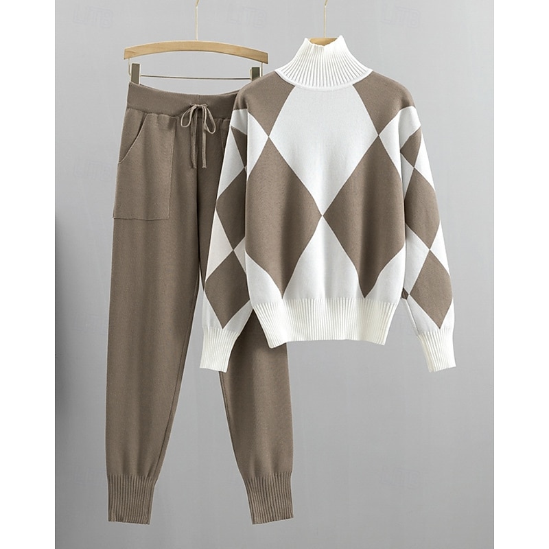 Women's Sweater Sweater Co-ords Streetwear Casual Geometric Turtleneck Knitted Long Sleeve Regular Tops Knit Daily Going out Weekend Black Red Fall Winter3