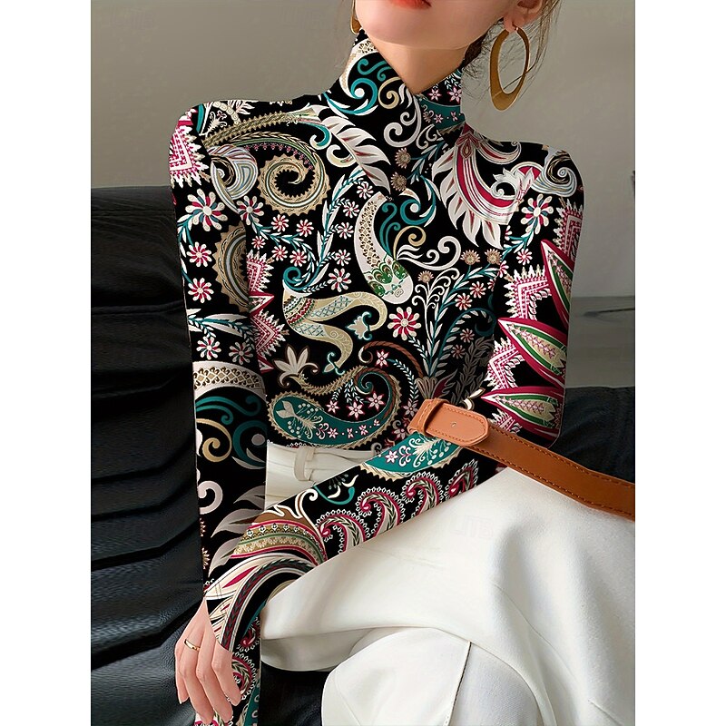 Women's T Shirt Floral Graphic Plants Elegant Vintage Stylish Long Sleeve Turtleneck High Neck Regular Tops Going out Black Pink Fall Winter4