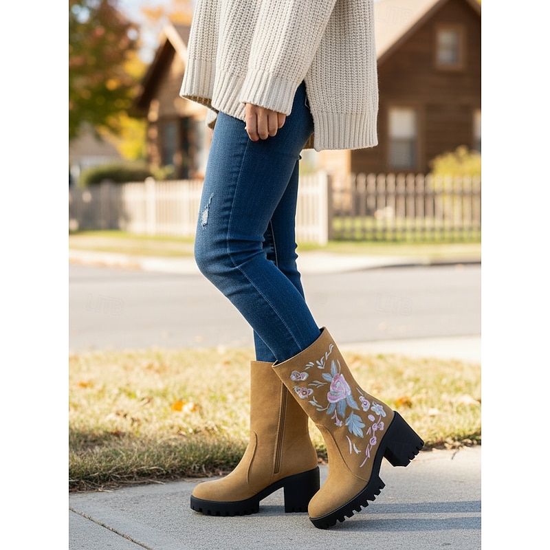 Women's Embroidered Faux Suede Mid-Calf Boots with Chunky Heel and Floral Pattern – Boho Chic Fall and Winter Footwear for Parties and Outdoor Fashion3