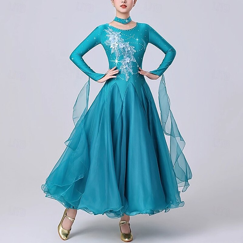 Ballroom Dance Dress Crystals / Rhinestones Women's Performance Party Long Sleeve Modern Waltz Dance Costumes4