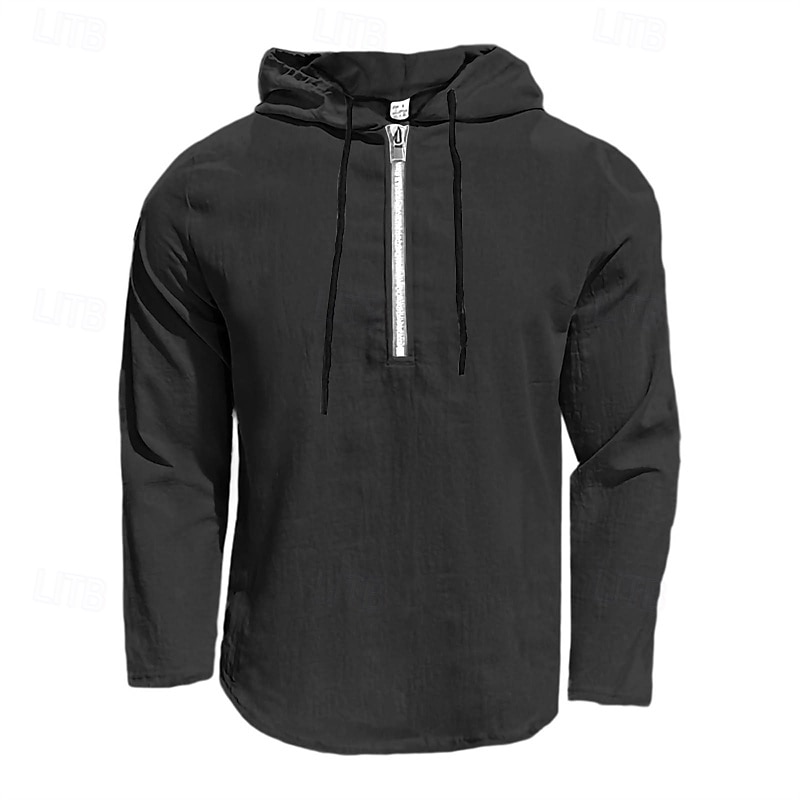 Men's Shirt Summer Shirt Casual Shirt Beach Shirt Black White Navy Blue Sky Blue Brown Long Sleeve Plain Hooded Vacation Hawaiian Half Zip Clothing Apparel Linen Fashion Casual Comfortable3