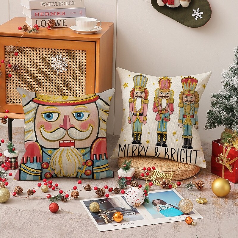New Christmas Nutcracker Pillow Cover, Linen Printed Decorative Cushion, Cartoon Wooden Soldier Throw Pillow for Holiday Home Decor4
