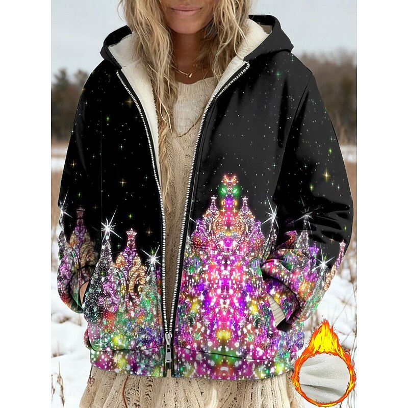 Women's Winter Coat Fleece Jacket Casual Jacket Warm Zipper Pocket Print Fashion Casual Christmas Street Casual Regular Hooded Regular Fit Long Sleeve Outerwear Blue Purple Green Spring Fall3
