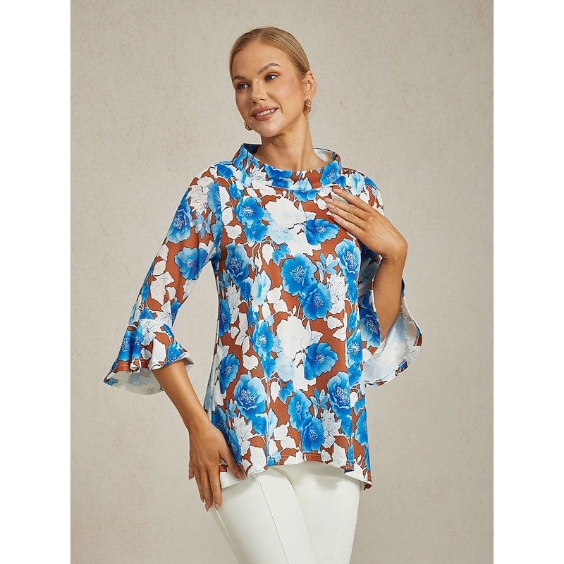 Women's Blouse Twisted Roman Chiffon Splice Blue Floral Print Bateau Neck Three Quarter Sleeve Short