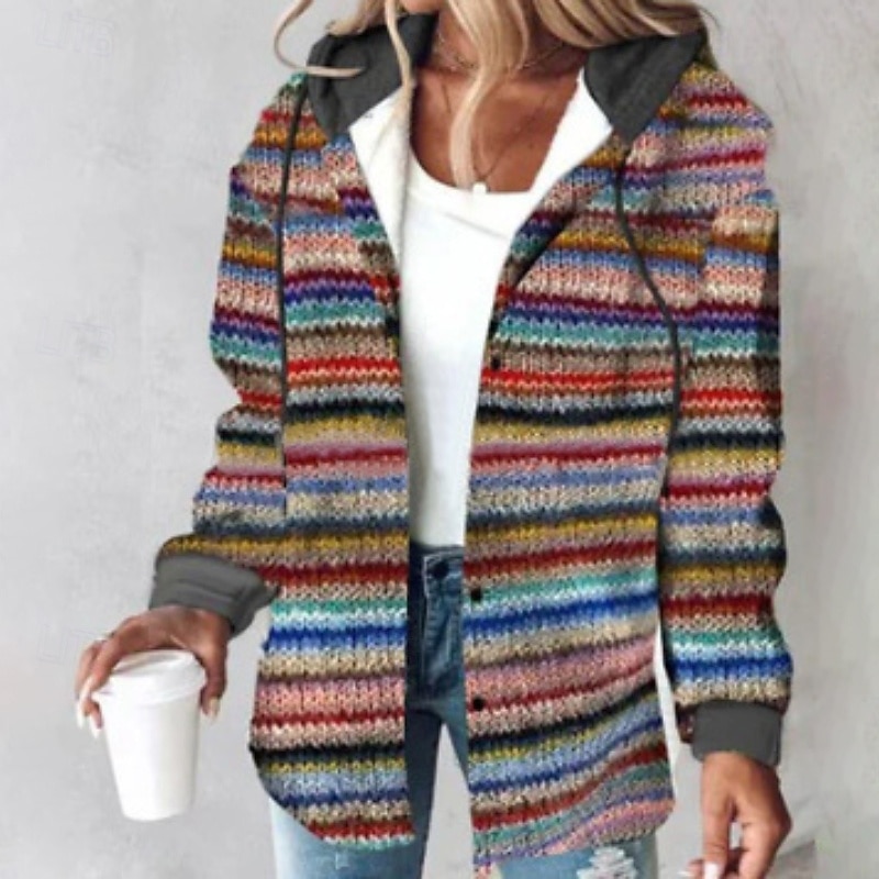 Women's Hoodie Jacket Warm Comfortable Buttons Casual Stripe Vacation Going out Weekend Regular Hooded Regular Fit Long Sleeve Outerwear Red Blue Drak Red Fall Winter3