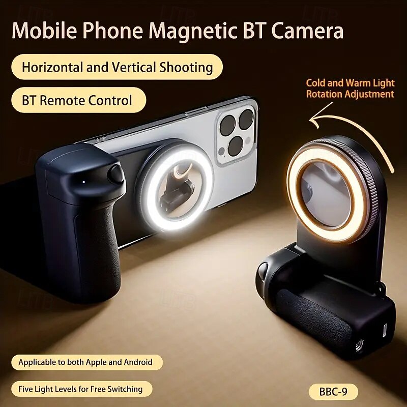 Smartphone Camera Handle Smartphone Camera Stand Magnetic Detachable Remote Control Camera 360 Rotating Magnet Built-in Flashlight Convenient Selfies Live Streaming Dedicated