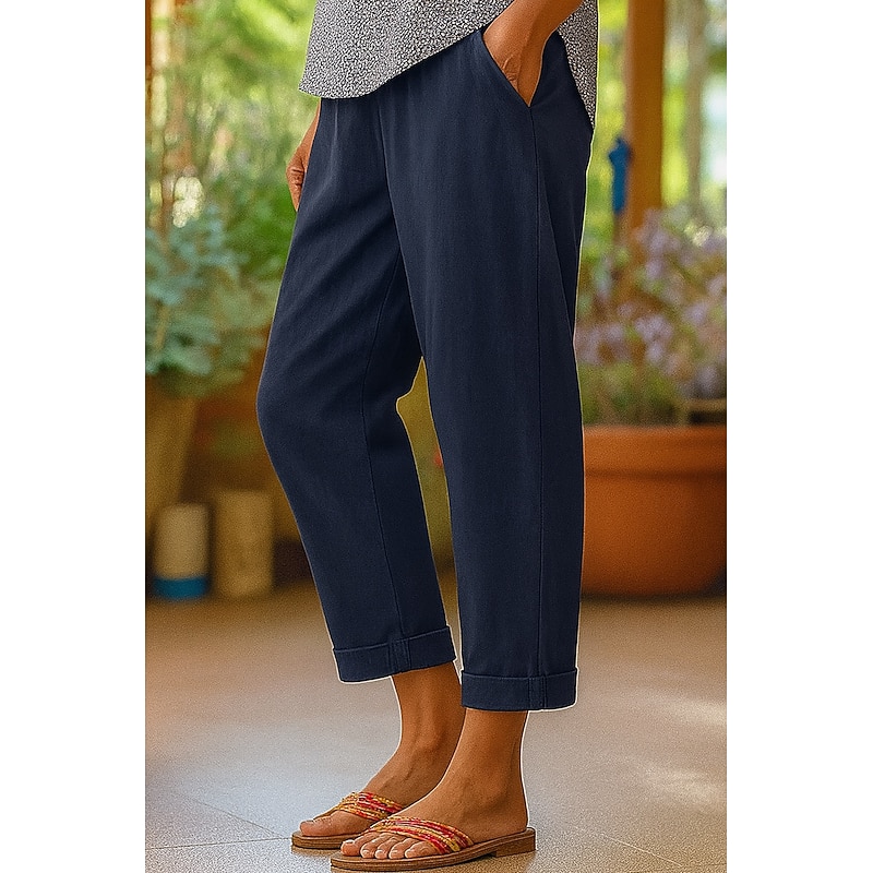 Women's Cotton Pants Vacation Vintage Ethnic Style Ankle-Length High Waist Plain Comfy Breathability Soft Micro-elastic Army Green Dark red Black White Summer Spring Loose Fit4