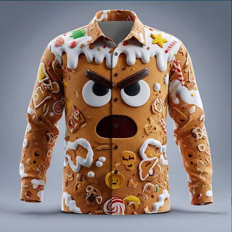 Christmas Men's 3D Cartoon Smile Face Gingerbread Man Shirt Button Up Shirt Long Sleeve Funny Outdoor Holiday Spring Fall Turndown 3D Print Collared Shirts Dark Khaki Light Khaki Khaki2