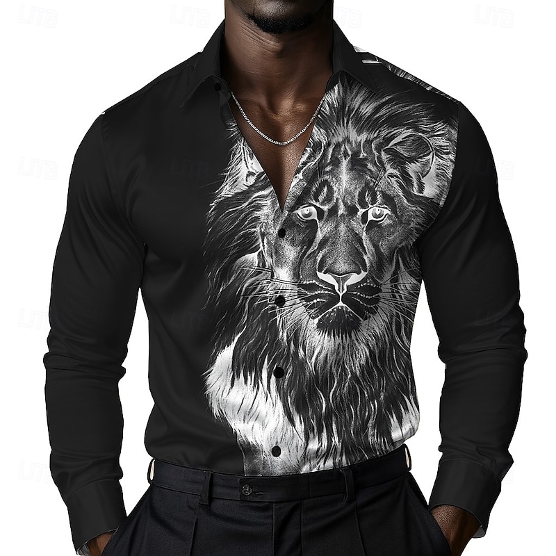 Men's Animal Lion Shirt Satin Shirt Dress Shirt Long Sleeve Vintage Retro Vacation Dailywear Summer Spring Fall Turndown 3D Print Button Up Shirts Black Khaki