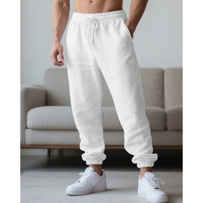 Men's Linen Pants Trousers Summer Pants Beach Pants Drawstring Pocket Elastic Waist Plain Comfort Breathable Vacation Daily Holiday Hawaiian Boho Black White
