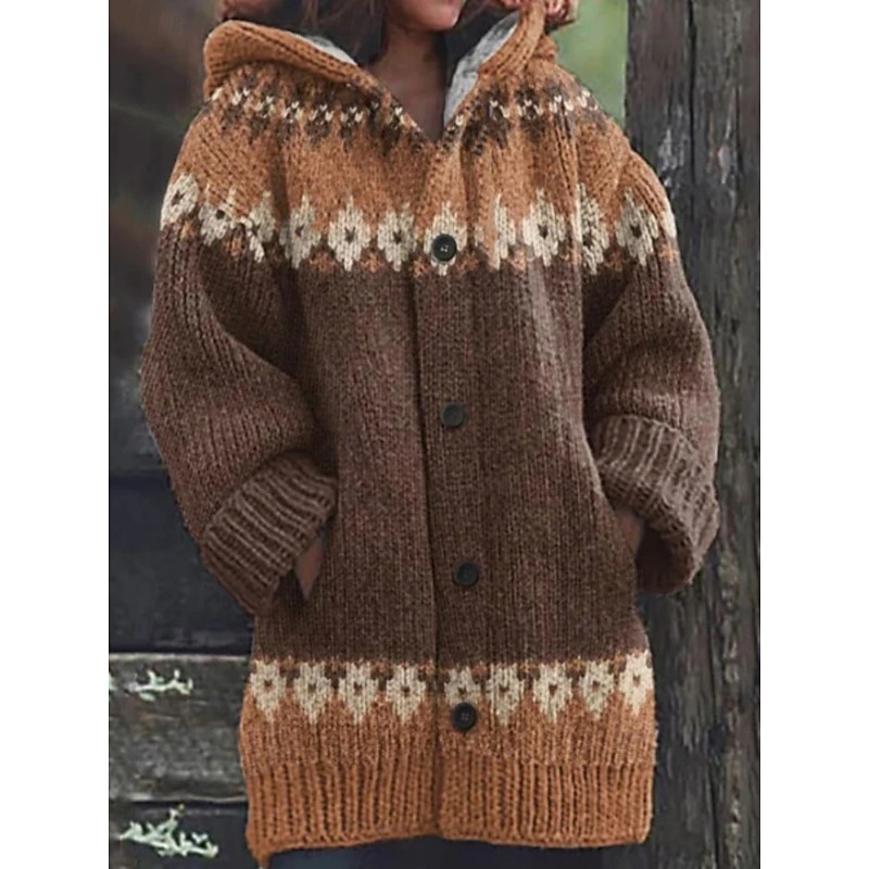 Women's Sweater Cardigan Elegant Fashion Streetwear Geometric Striped Hooded Pocket Knitted Print Long Sleeve Regular Tops Knit Outdoor Daily Weekend Navy Blue Royal Blue Fall Winter2