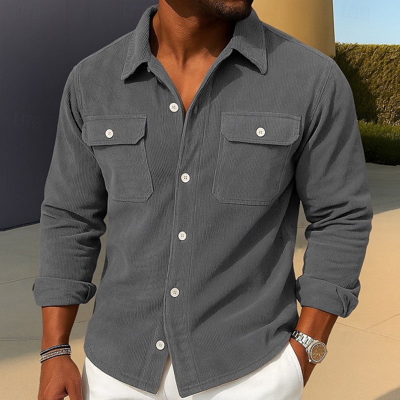 Men's Corduroy Shirt Black Purple Brown Gray Long Sleeve Plain Turndown School Training Pocket Clothing Apparel Vintage Classic Casual4