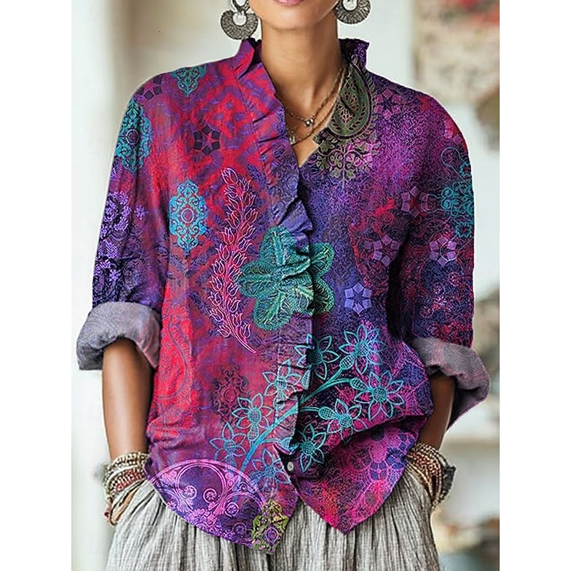 Women's Boho Shirt Floral Graphic Elegant Vintage Daily Long Sleeve V Neck Regular Tops Work Daily Holiday Ruched Ruffle Blue Purple Orange Khaki Spring Fall2