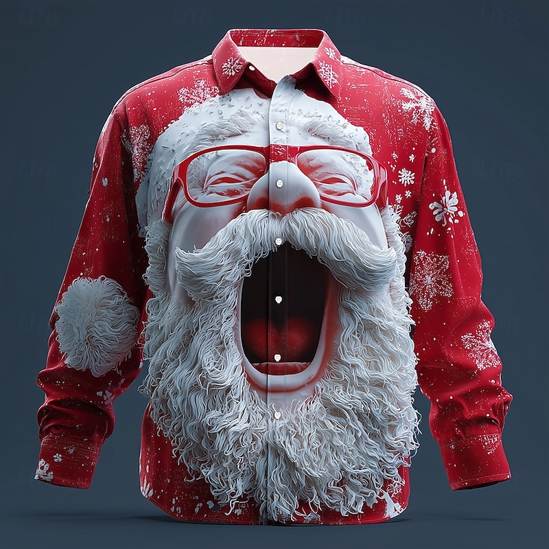 Christmas Men's Roaring Santa Claus funny christmas Shirt Button Up Shirt Long Sleeve Funny Outdoor Holiday Spring Fall Turndown 3D Print Collared Shirts Red 1 White Red