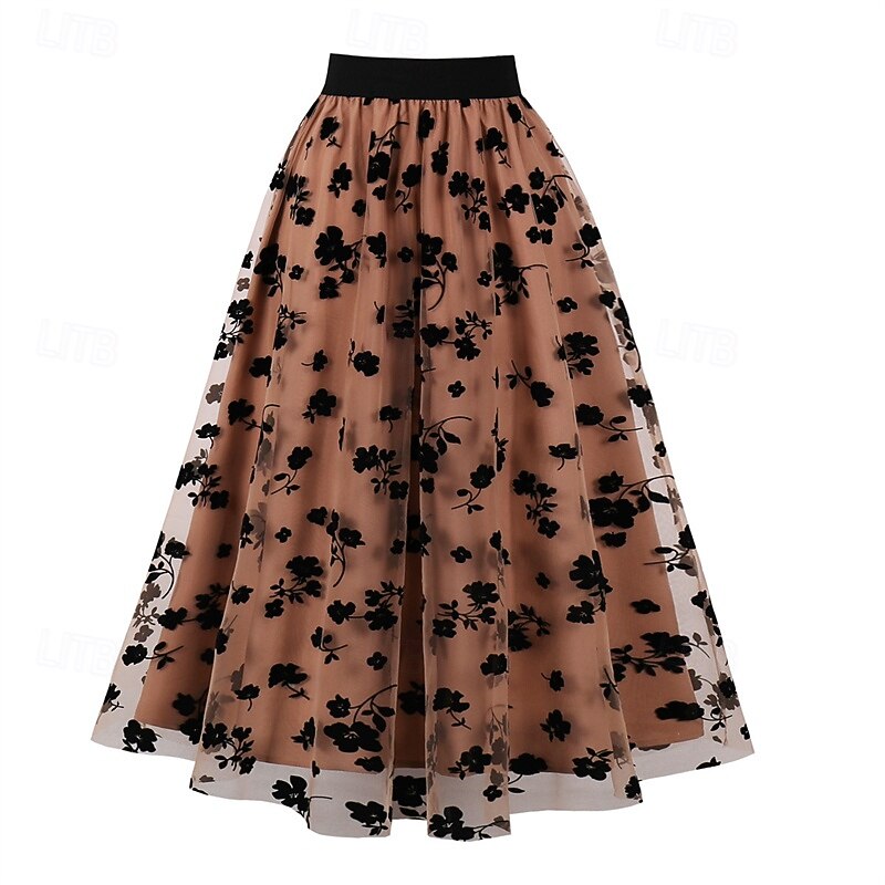 Women's Skirt Swing Fashion Casual Maxi Mid Rise Skirts Floral Sparkle Tulle Micro-elastic Vacation Halloween Red Orange Khaki Spring Polyester2