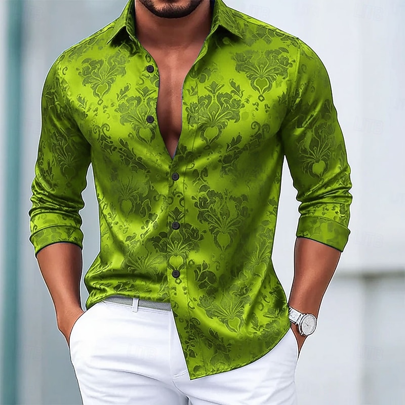 Men's Ethnic Intricate Floral Flowers Shirt Satin Shirt Dress Shirt Long Sleeve Vintage Retro Vacation Dailywear Summer Spring Fall Turndown 3D Print Button Up Shirts Light Green Red Blue Green4