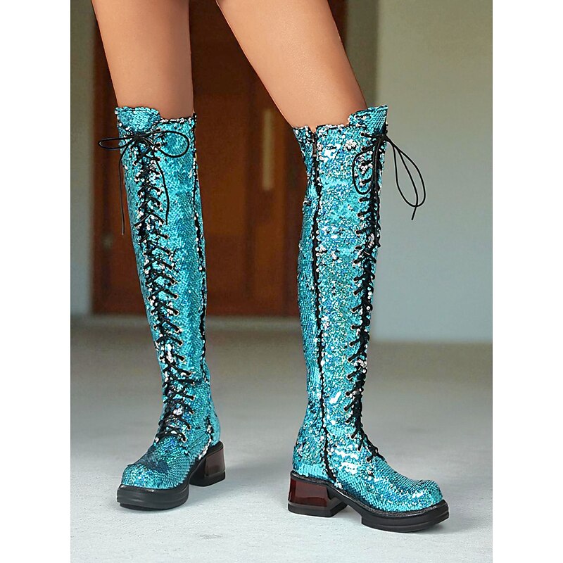 Women's Turquoise Sequin Knee High Lace-Up Boots - Glitter Party Combat Style Footwear for Nightlife and Club Outfits3