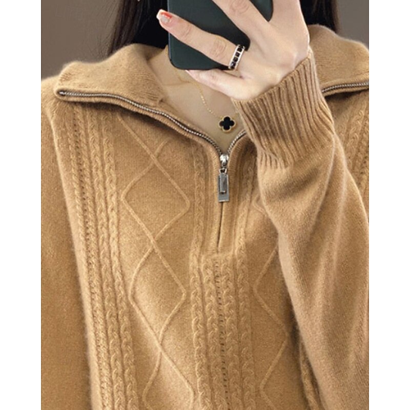 Women's Sweater Pullover Fashion Casual Pure Color Ribbed Half Zip Zipper Knitted Long Sleeve Regular Tops Knit Outdoor Daily Weekend Camel Fall Winter3