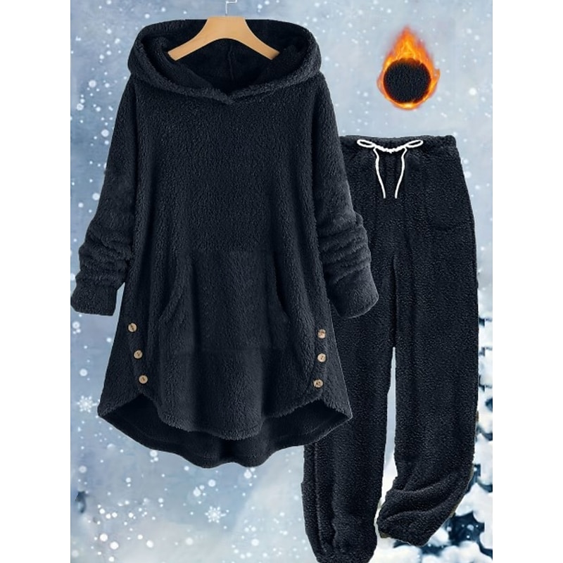 Women's Fashion Streetwear Daily Pants Sets Long Sleeve Hooded Plain Casual Daily Black White Yellow Spring Loose Fit4