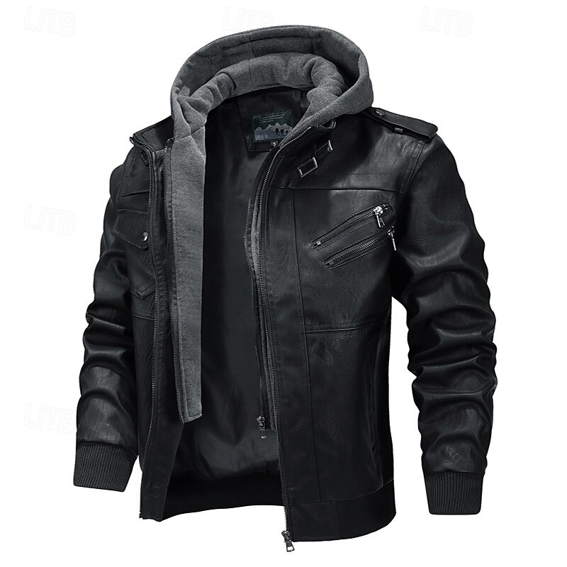 Men's Faux Leather Jacket Biker Jacket Motorcycle Jacket Vacation Daily Windproof Warm Pocket Fall Winter Plain Fashion Classic Hooded Regular Black Coffee Jacket