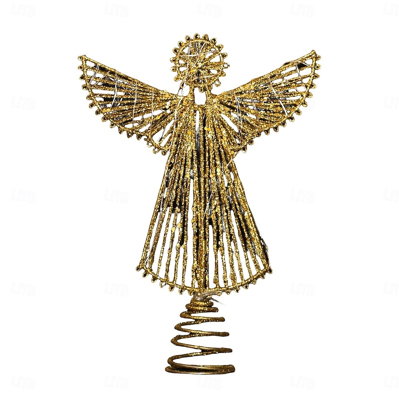 Christmas Tree Topper Angel Led Light Xmas, Gold Glitter Iron Star, Lighted Holiday Tree Topper, Festive Hanging Ornament, Xmas Home Table Decor Gift3
