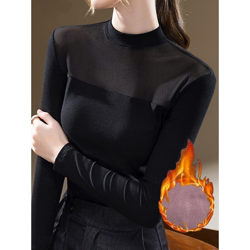 Women's Blouse Solid Color Stylish Casual Long Sleeve High Neck Regular Tops Daily Patchwork Mesh Black Spring Fall Winter3