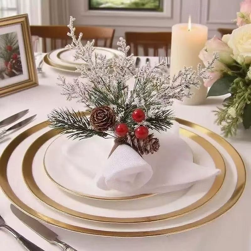6pcs Christmas Table Decorations Napkin Rings, Cedar Pine Cones with Red Berries, Holiday Party Tableware Accessories for Xmas Dinner3