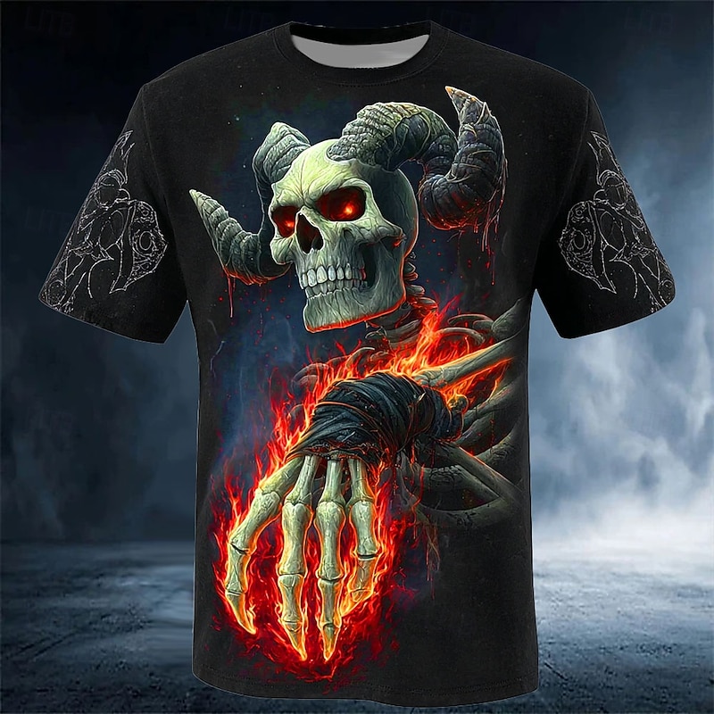 Halloween Men's Skull Optical Illusion 3D Skeleton T Shirt Short Sleeve T shirt 3D Print Crew Neck Shirt Exaggerated Designer Horror Party Street Holiday Yellow Red Blue Summer Spring All Seasons2