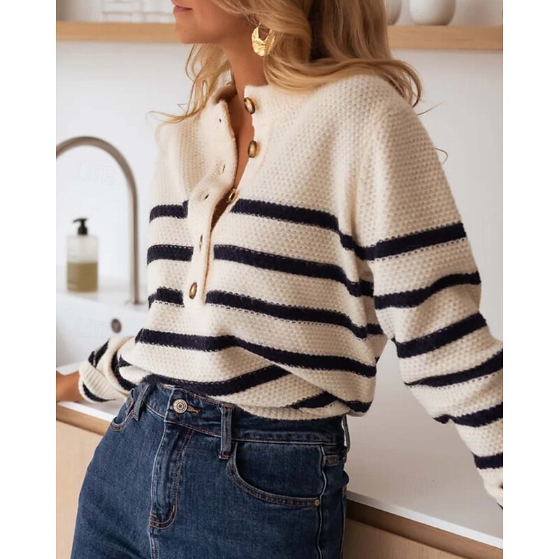 Women's Sweater Pullover Streetwear Casual Striped Crew Neck Buttons Knitted Long Sleeve Regular Tops Knit Daily Holiday Going out Apricot Fall Winter3
