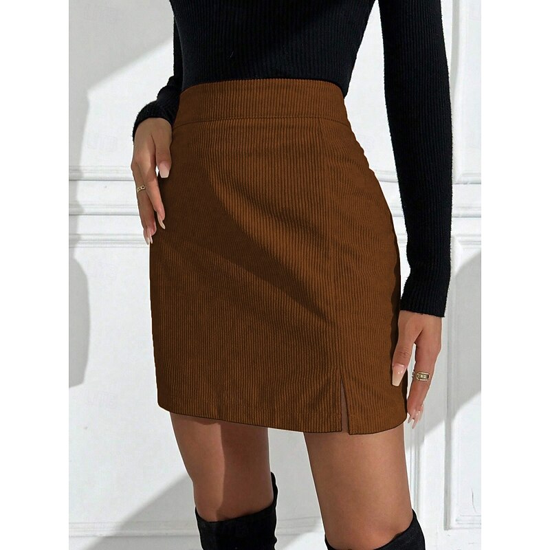 Women's Skirt Bodycon Fashion Retro Vintage Mini High Waist Skirts Plain Split Ends Micro-elastic Street Daily Brown Spring Polyester Corduroy4