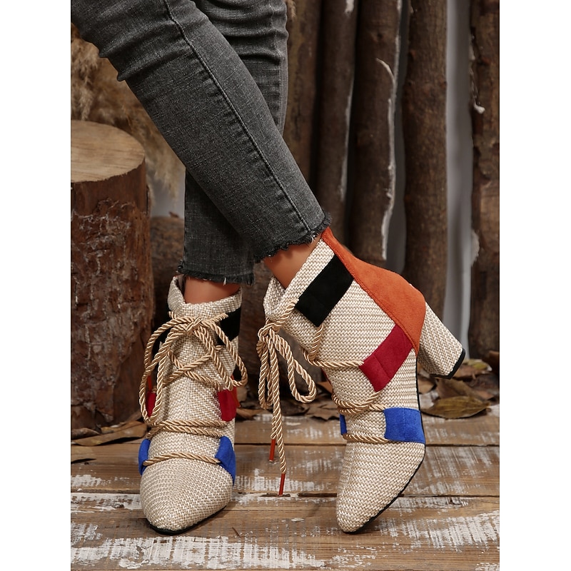 Women's Boots Combat Boots Daily Lace-up Chunky Heel Pointed Toe Casual Knit Zipper Beige2