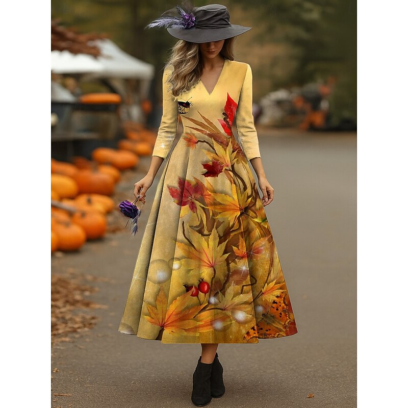 Halloween Women's Midi Dress A Line Dress Vacation Casual Wedding Party Birthday Regular Fit Floral Graphic Rose 3/4 Length Sleeve V Neck Yellow Rusty Red Purple Spring Fall