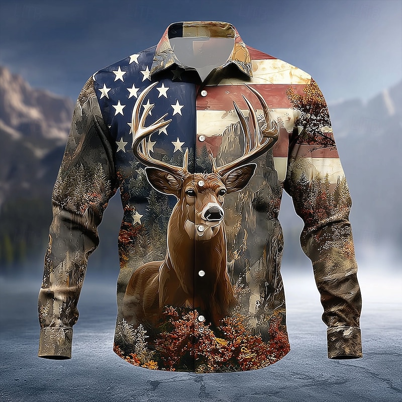 Men's Reindeer American US Flag Shirt Button Up Shirt Long Sleeve Vintage Retro Outdoor Camping & Hiking Hunting Spring Fall Turndown 3D Print Collared Shirts Blue Gray