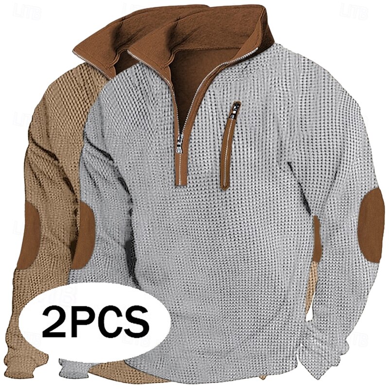 2 Piece Men's T Shirt Waffle Knit Tee Tee Top Long Sleeve Shirt Long Sleeve Quarter Zip Winter Spring & Fall Color Block Textured Fashion Designer Basic Patchwork Zipper Vacation Street Casual