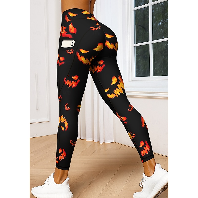 Women's Unisex pilates leggings fitness pants Gym Leggings Pockets Stamp Duty Side Pockets Pilates Gym Gym Workout Pants Tights Leggings Halloween Black / Orange Sports Activewear High Elasticity