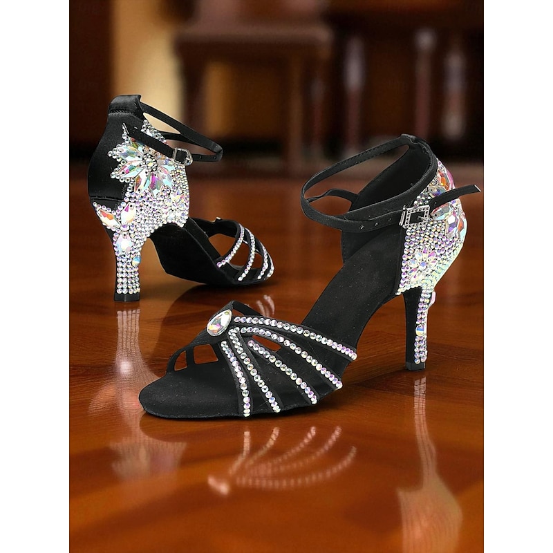 Women's Black Rhinestone Latin Dance Shoes - Sparkly Ballroom Party Heels with Ankle Strap for Salsa, Rumba and Evening Events