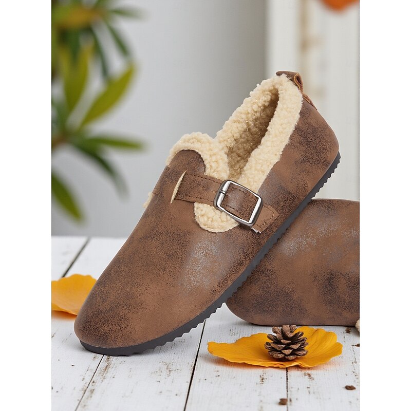 Women's Wide Width Brown Fleece Lined Buckle Loafers, Comfortable Warm Casual Shoes for Winter Home or Outdoor3