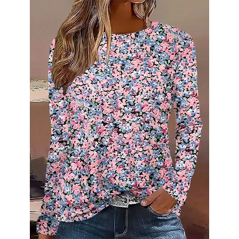 Women's T Shirt Ombre Floral Graphic Vintage Stylish Classic Long Sleeve Crew Neck Round Neck Regular Tops Daily Print Pink Blue Spring Fall Winter