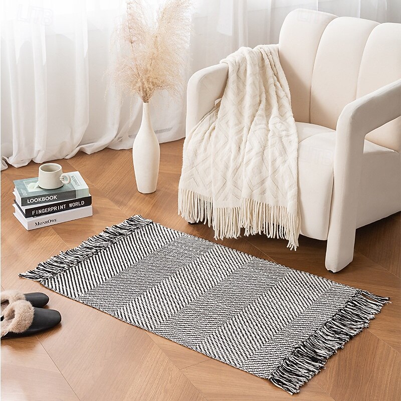 Minimalist Cotton Woven Tassel Rug For Living Room High End Polyester Blend Sofa Cushion Entryway Mat Bedroom Bedside Carpet Window Seat Decorative Soft Washable Floor Rug2