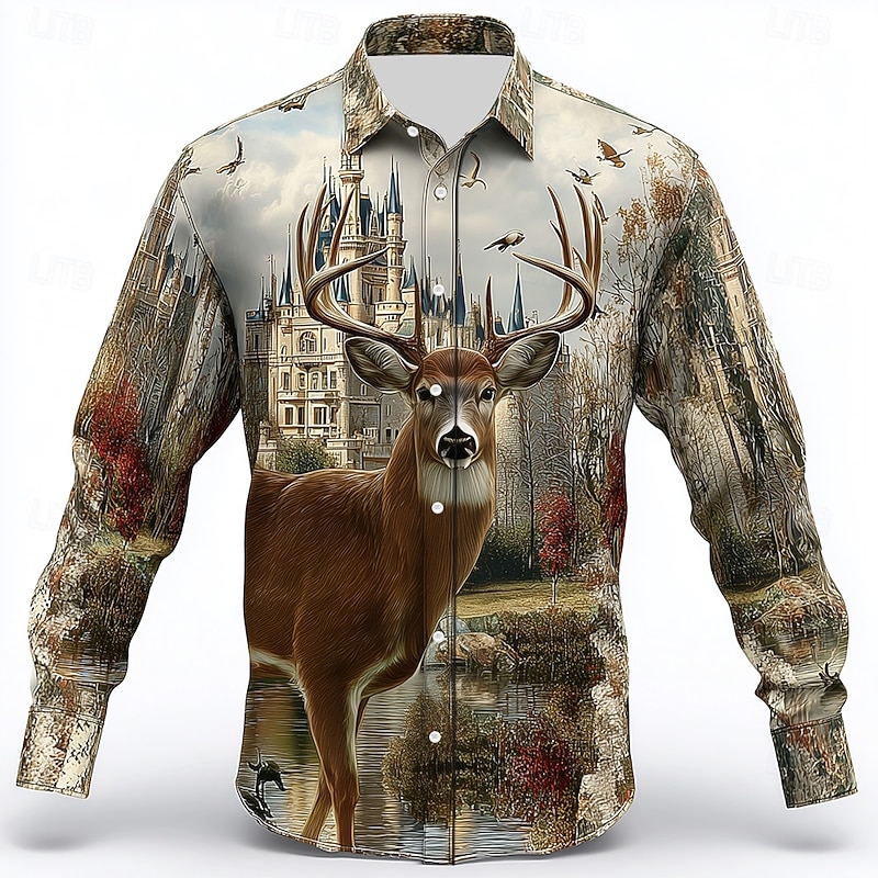 Men's Reindeer Camouflage Castle Shirt Button Up Shirt Long Sleeve Vintage Retro Outdoor Camping & Hiking Hunting Spring Fall Turndown 3D Print Linen Like Shirt Camouflage khaki Camouflage2