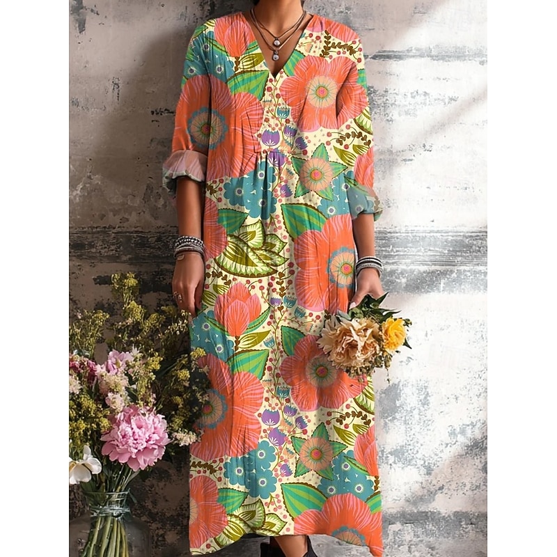 Easter Women's Midi Dress Sundress A Line Dress Vacation Casual Boho Going out Beach Loose Fit Floral Graphic Geometric Long Sleeve V Neck Yellow Pink Orange Green Summer Spring Fall Winter