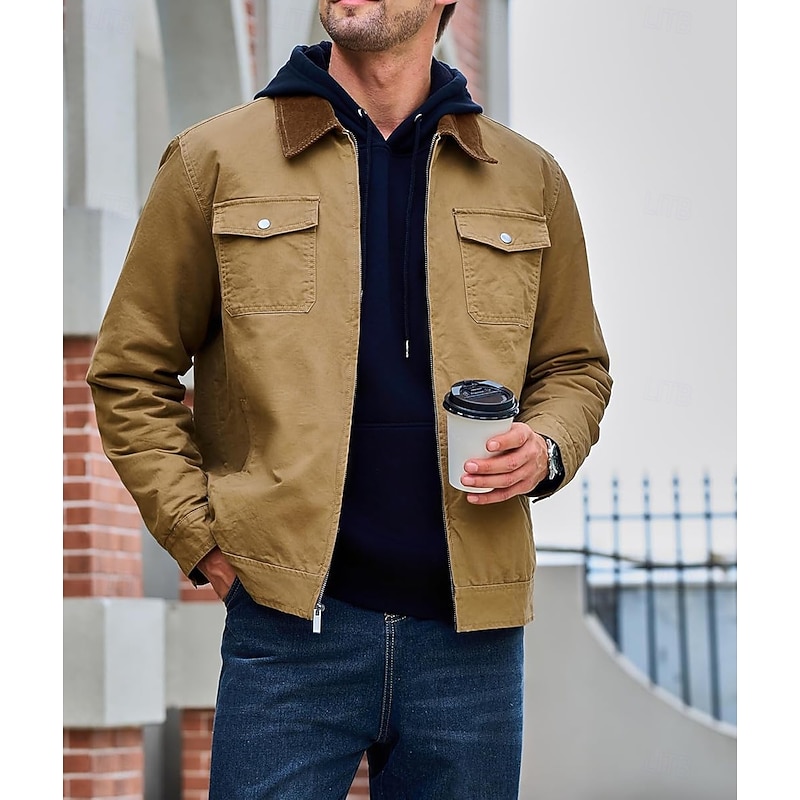 Men's Cotton Outdoor Jacket Shirt Jacket Cargo Jacket Padded Formal Home Pocket Plain Fall Autumn Solid Color Active Neutral Shirt Collar Short Black Navy Blue Brown Green Khaki Jacket3