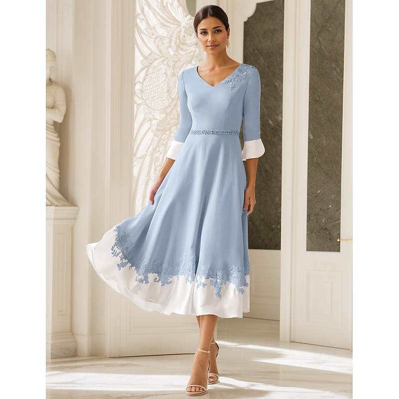 Beach Wedding A-Line Mother of the Bride Dress Wedding Guest Church Elegant V Neck Tea Length Stretch Fabric Half Sleeve with Appliques