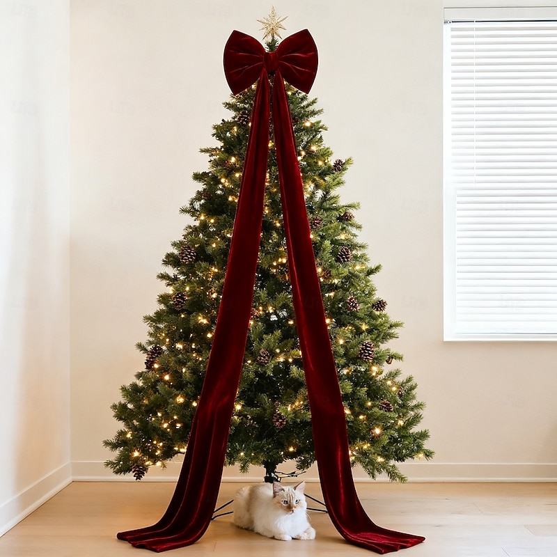 Christmas Extra Large Velvet Bows Christmas Tree Topper Burgundy Holiday Decoration Hanging Ornament for Xmas Tree, Festive Bow for Home Party Decor