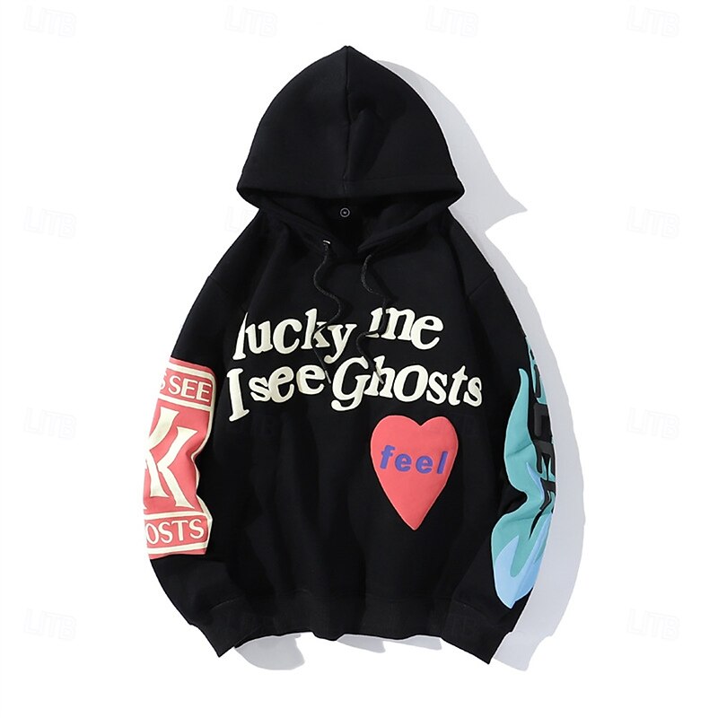 Men's Heart Letter Hoodie Fashion Daily Hooded Outdoor Vacation Streetwear Black Gray Drawstring Printing Spring Fall Designer2