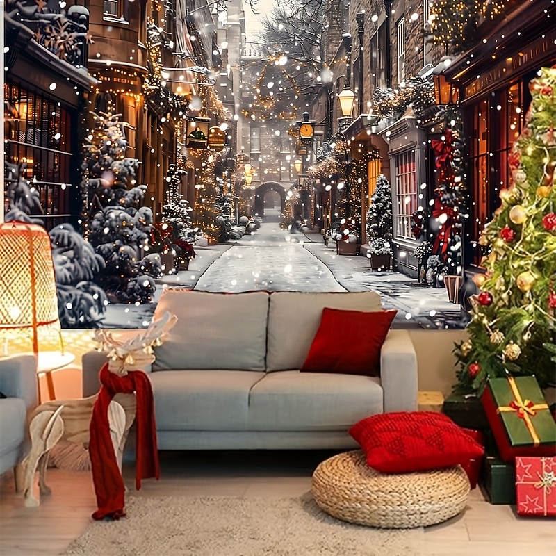 Chrismas Hanging Tapestry Gingerbread House Christmas Tree Snowy Castle Snow Covered Street Large Wall Art Mural Decor Blanket Curtain Holiday Home Bedroom Living Room Festive Party Decoration3